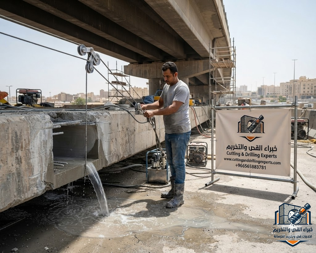 تنفيذ قص الأساسات والخرسانة المسلحة السميكة في جدة باستخدام تقنية Diamond Wire Saw بدون اهتزازات قوية